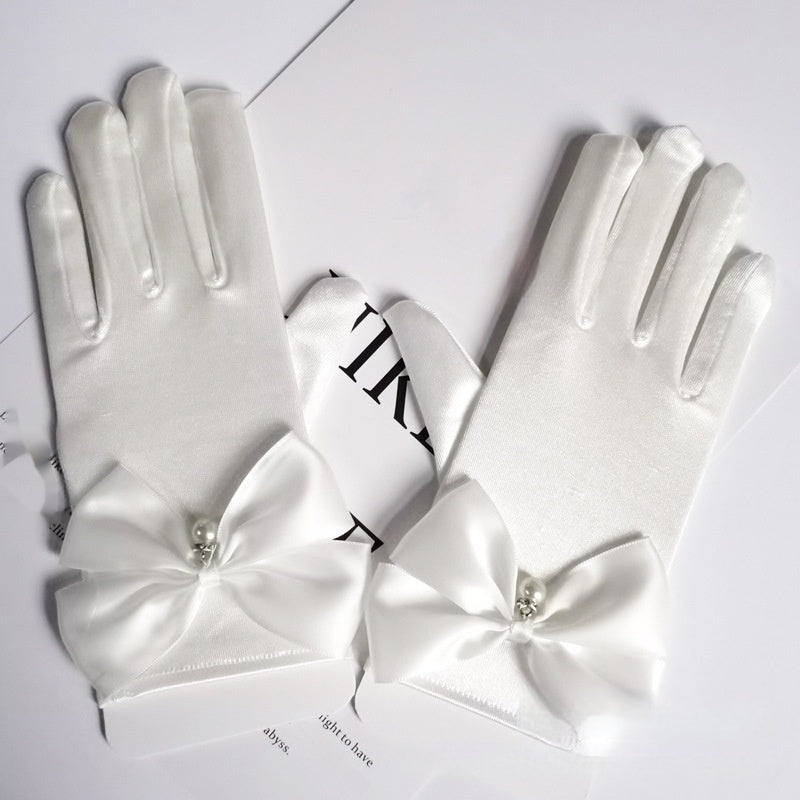 Wedding Gloves Satin Bow Elastic Dangling Beads Princess Style