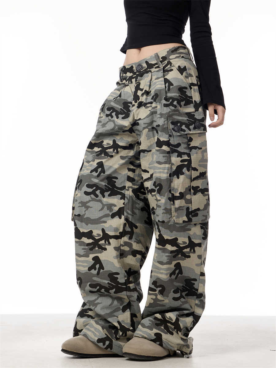 Camouflage Big Pocket Casual Pants Women Loose Wide-leg Overalls