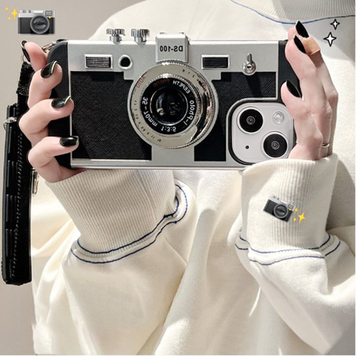 Vintage Camera Phone Case Protective Retro Camera Phone Case with Detachable Rope for IPhone 14