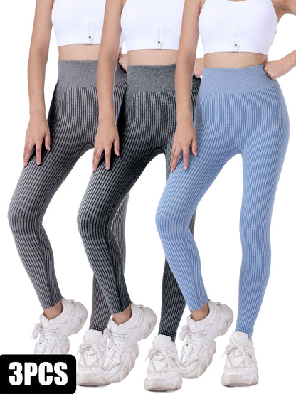 3 Pack Yoga Leggings Ribbed Seamless Workout High Waist  Over Athletic Exercise Leggings