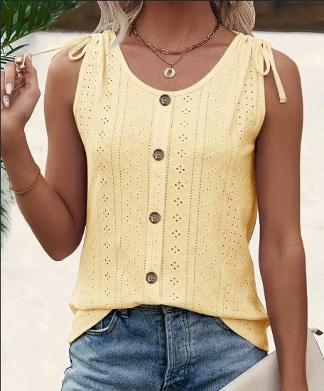 Eyelet Button Front Tank Top, Casual Sleeveless Tank Top For Summer, Women's Clothing