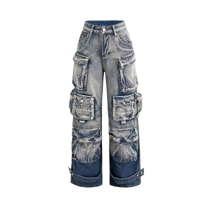 American Street Trendy Mixed Color Distressed Multi-pocket Workwear Jeans