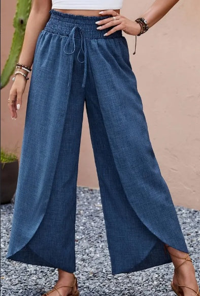 Stylish Shirred Waist Wide Leg Pants - Women's Clothing - Comfortable Vacation Style Layered Pants For Spring & Summer With Elastic Waistband And Flowy Design For A Flattering Fit