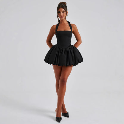 Waist-tight Puffy Dress Halter Lace-up Dress