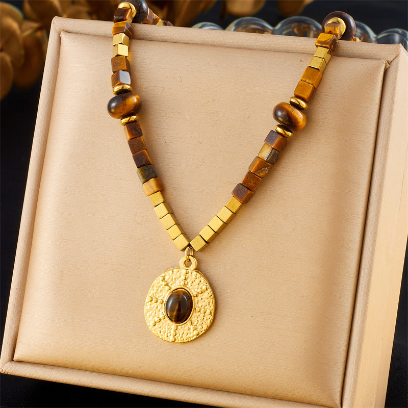 Retro Square Round Geometric Tiger Eye Necklace