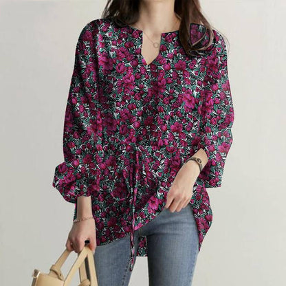 Spring And Autumn New Long Sleeve V-neck Floral Print Top