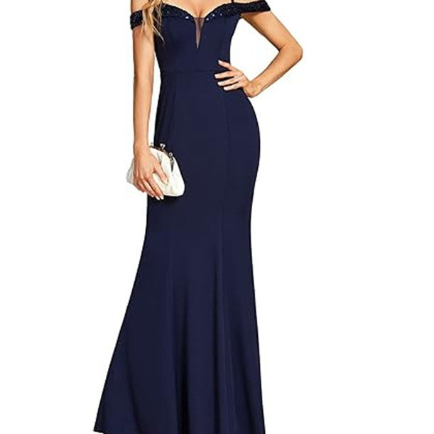 Women's Clothing Off-neck Sling Evening Long Dress