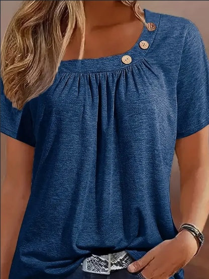 Charming Ruched Solid Blouse - Flattering Asymmetrical Hem, Lightweight Short Sleeves - Trendy Womens Casual Top For Everyday Style