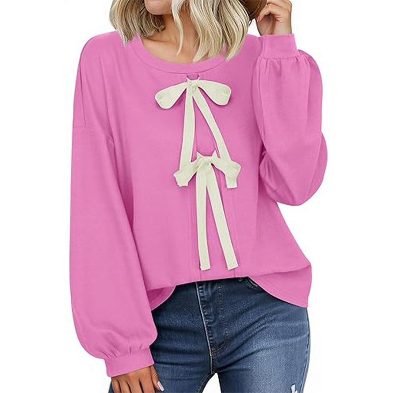 Women's Round Neck Front Lace-up Bow T Pullover Split Long Sleeve Shirt