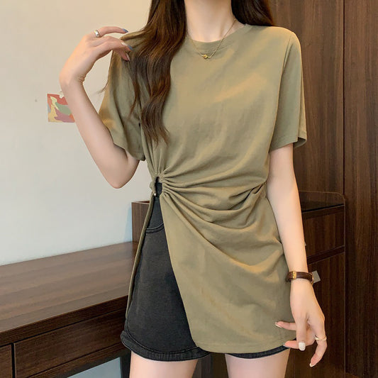 Cotton Irregular Split Short-sleeved T-shirt Women's Summer