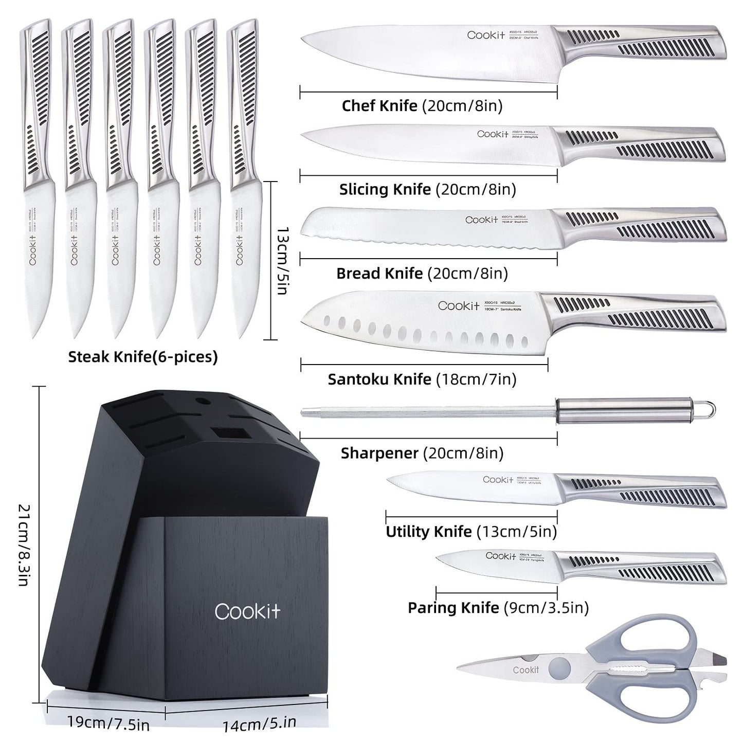 Set de cuțite de bucătărie, 15 bucăți seturi de cuțite cu bloc, cuțite de bucătar cu antiderapante din oțel inoxidabil german Set de tacâmuri cu mâner gol cu ​​foarfece multifuncționale Ascuțitor de cuțite Platforma Amazon Banned