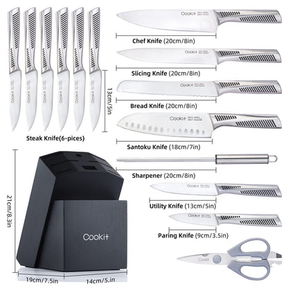 Set de cuțite de bucătărie, 15 bucăți seturi de cuțite cu bloc, cuțite de bucătar cu antiderapante din oțel inoxidabil german Set de tacâmuri cu mâner gol cu ​​foarfece multifuncționale Ascuțitor de cuțite Platforma Amazon Banned