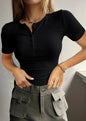 Women's Short Sleeve Button Rib Slim Fit Knitted Sweater