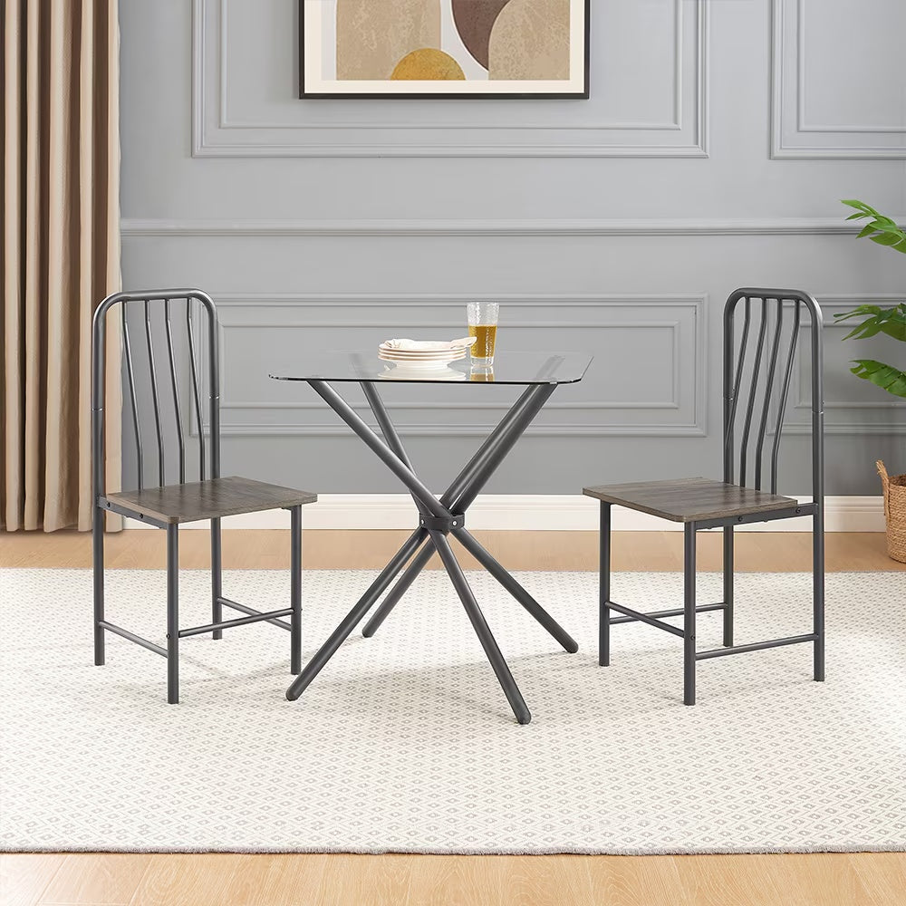 Dining Set For 2, Square Glass Tempered Dining Table With 4 Legs And 2 Metal Chair For Home Office Kitchen Dining Room, Black & Brown