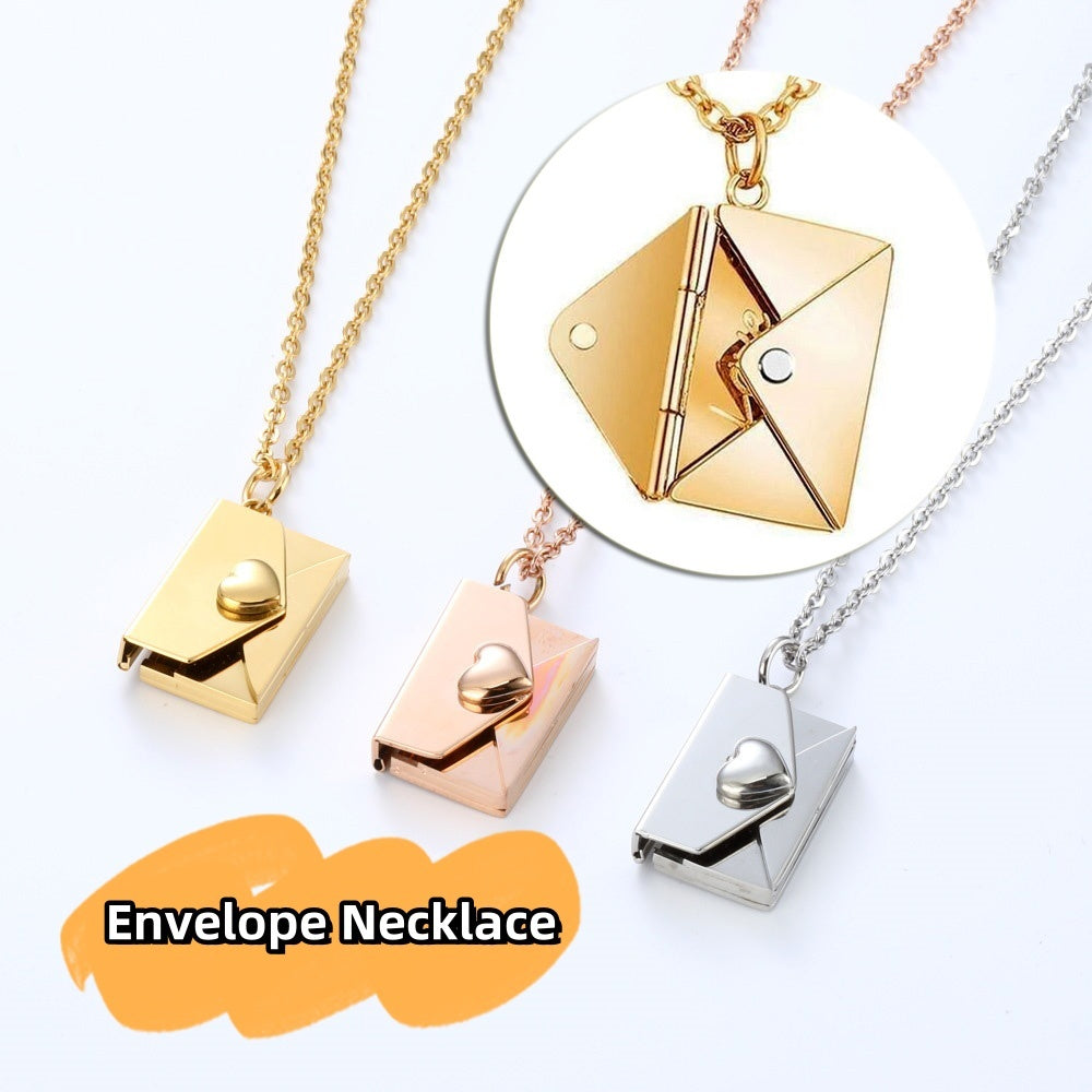 Peach Heart Envelope Couple Female Secret Hidden Message Pendant Necklace Gift