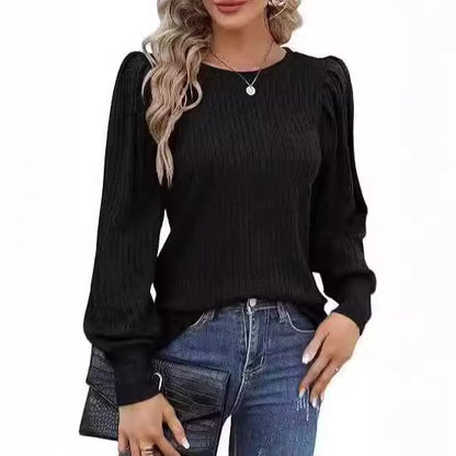 Rib Fabric Round Neck Bubble Shoulder Long Sleeve T-shirt Top