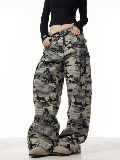 Camouflage Big Pocket Casual Pants Women Loose Wide-leg Overalls