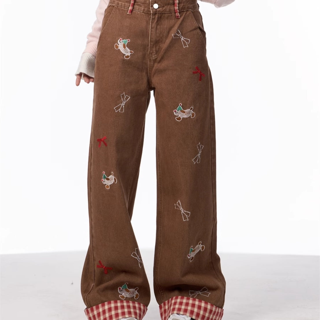 Vintage Bow Puppy Embroidered Wide Leg High Waist Jeans