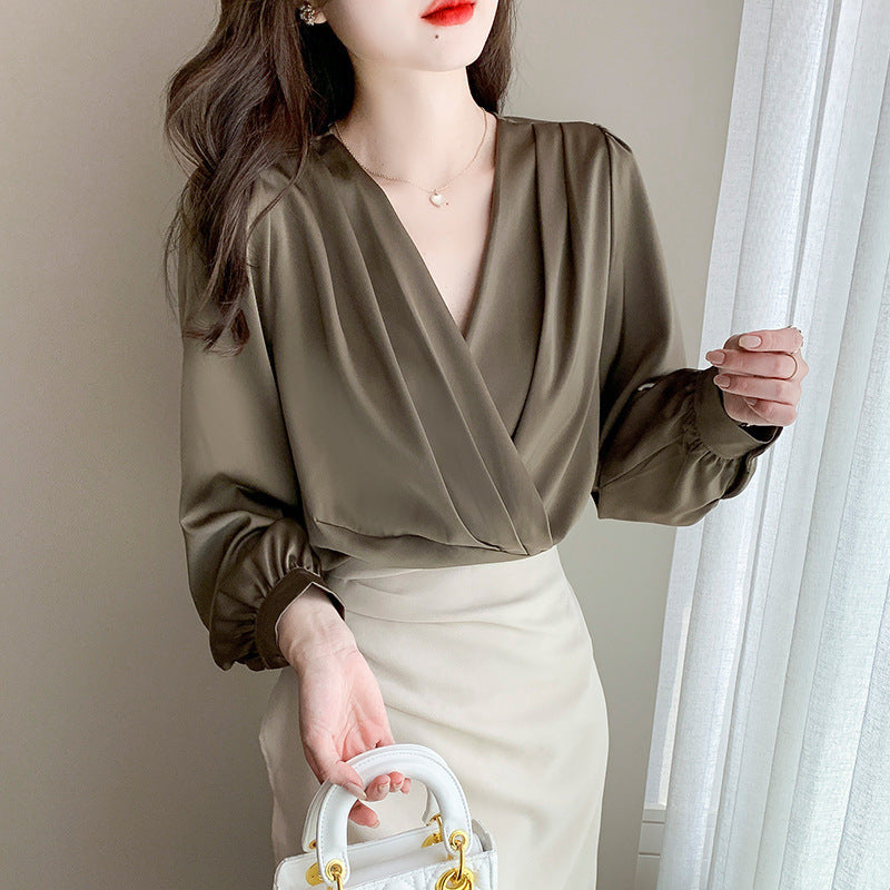 V-neck Satin Long-sleeved Shirt Women's Professional Bottoming Shirt