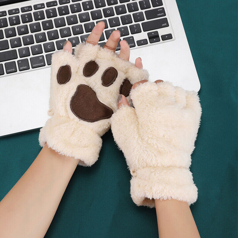 Women Plush Cat Paw Claw Gloves Warm Bear Paw Fingerless Mittens Winter Gloves