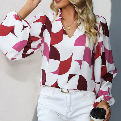 Women's Bubble Sleeve Stand Collar Printed Shirt