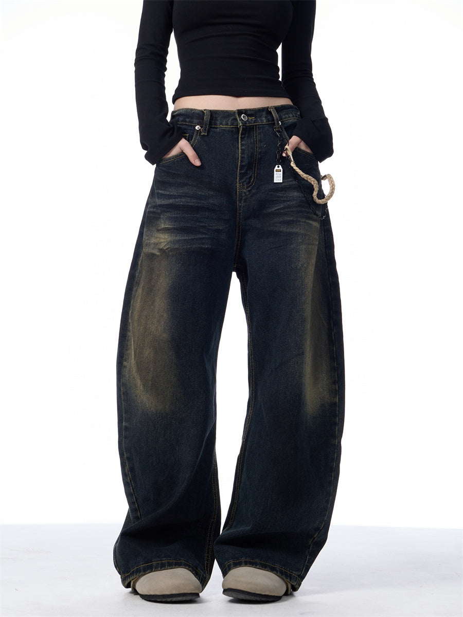 American-style Retro Washed Distressed Wide-leg Jeans