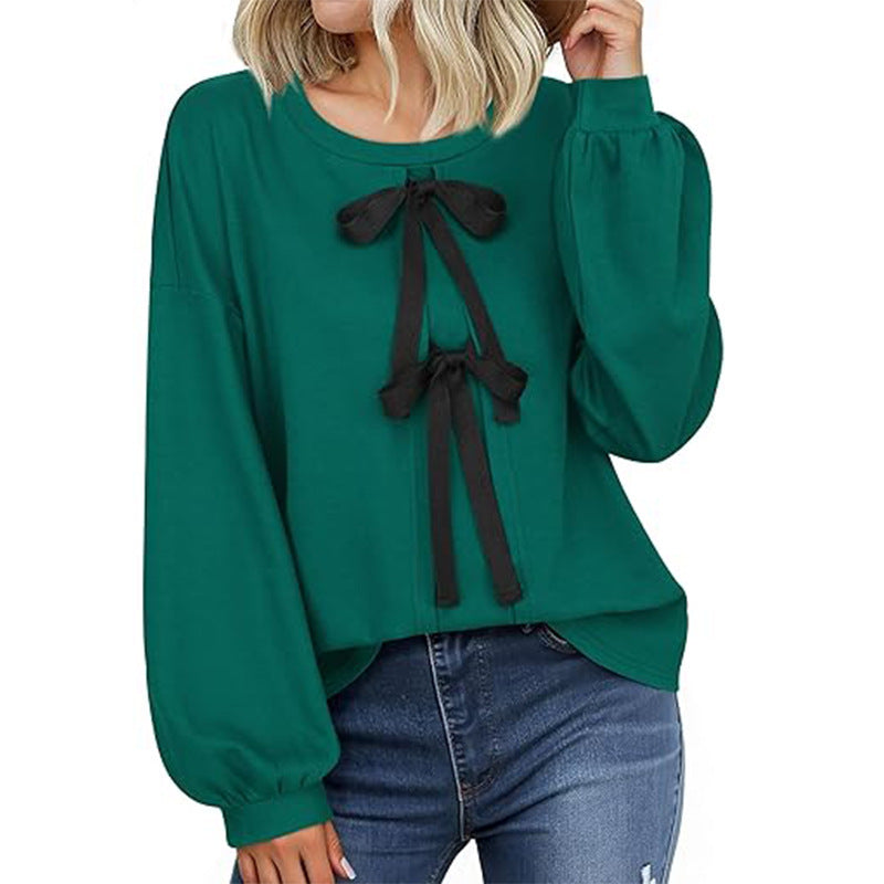 Women's Round Neck Front Lace-up Bow T Pullover Split Long Sleeve Shirt