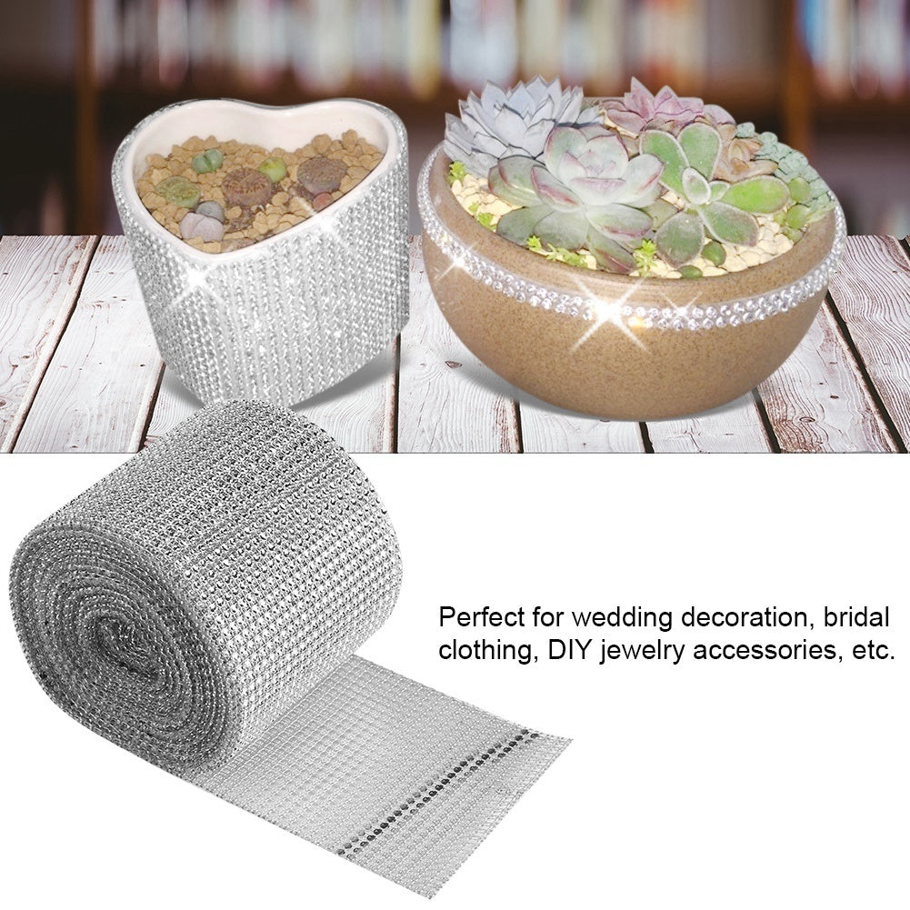 9m 24 Rows Electroplating Plastic Artificial Rhinestone Ribbon Mesh Wedding Clothing DecorationSilver