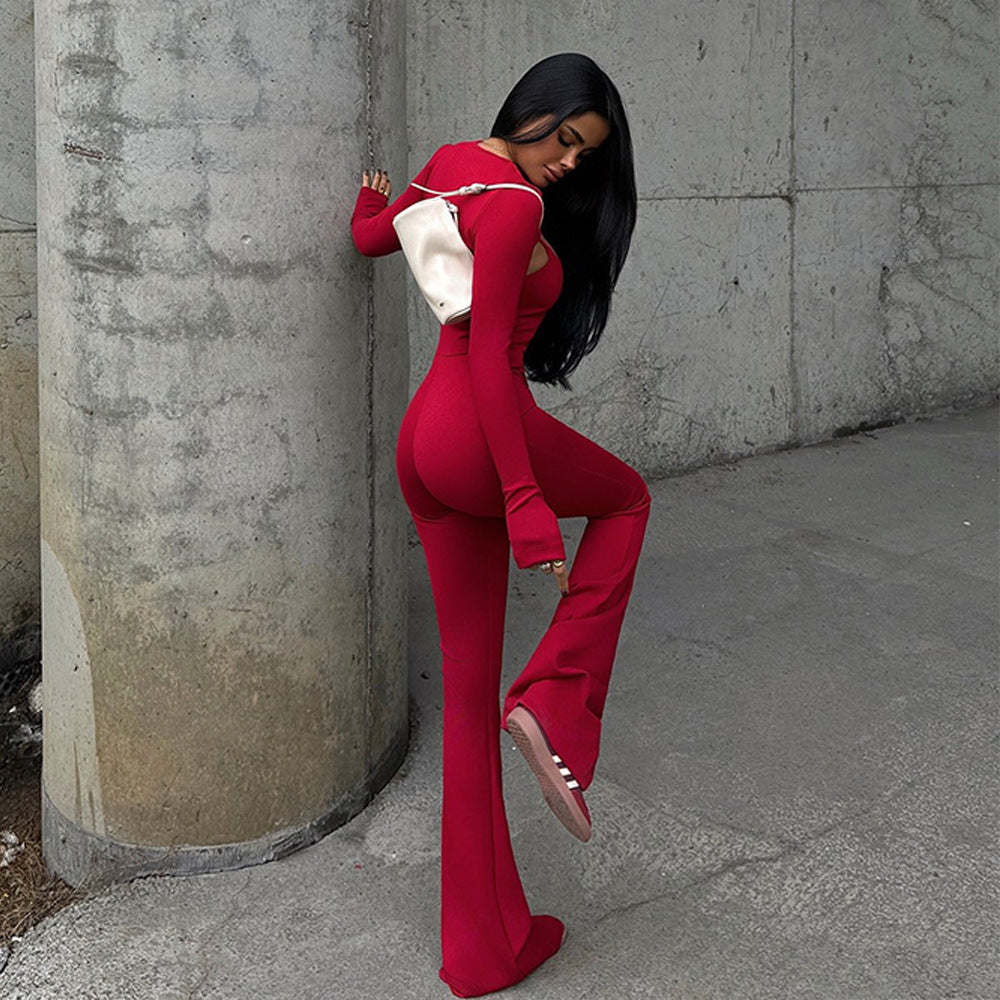 Sexy Round Neck Long Sleeve No Back Tight Sports Jumpsuit Two-piece Set