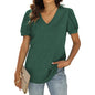 European And American Summer Casual V-neck Solid Color Puff Sleeve Loose T-shirt For Women