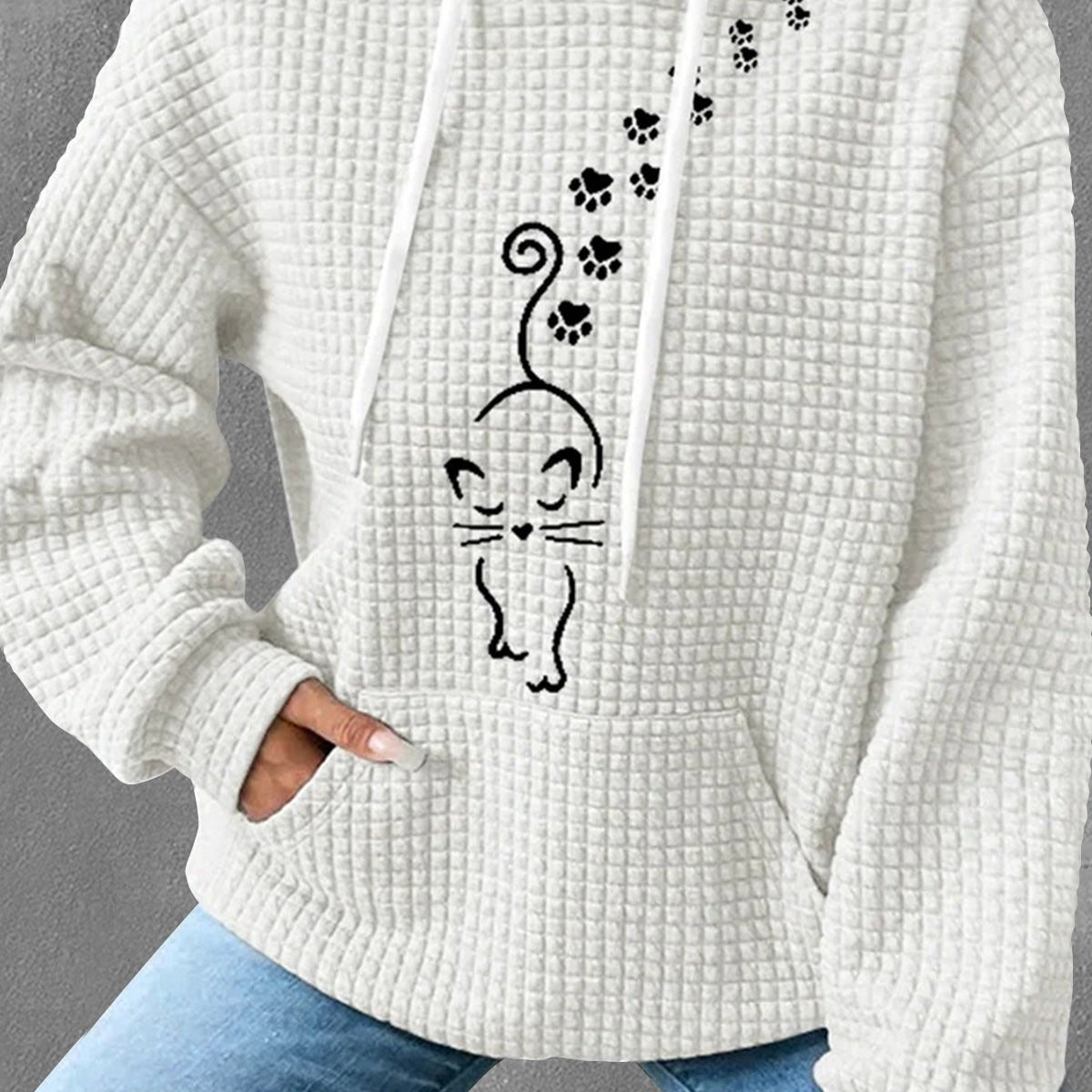 Women's Hooded Long-sleeved Patchwork Waffle Sweater