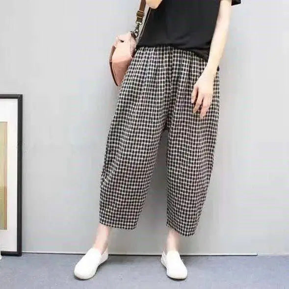 Cotton And Linen High Waist Harem Ankle-length Baggy Pants Artistic Plaid Loose Baggy Pants Women