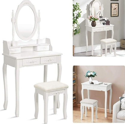 Vanity Table Set With 4 Drawer, Makeup Dressing Table W  Cushioned Stool, Girls Women Bedroom Furniture Set Oval Mirror