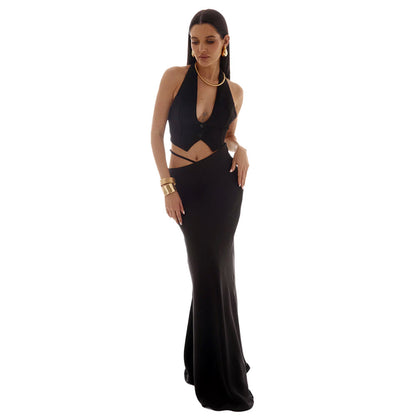 Solid Color Hollow-out Bodycon Maxi Skirt