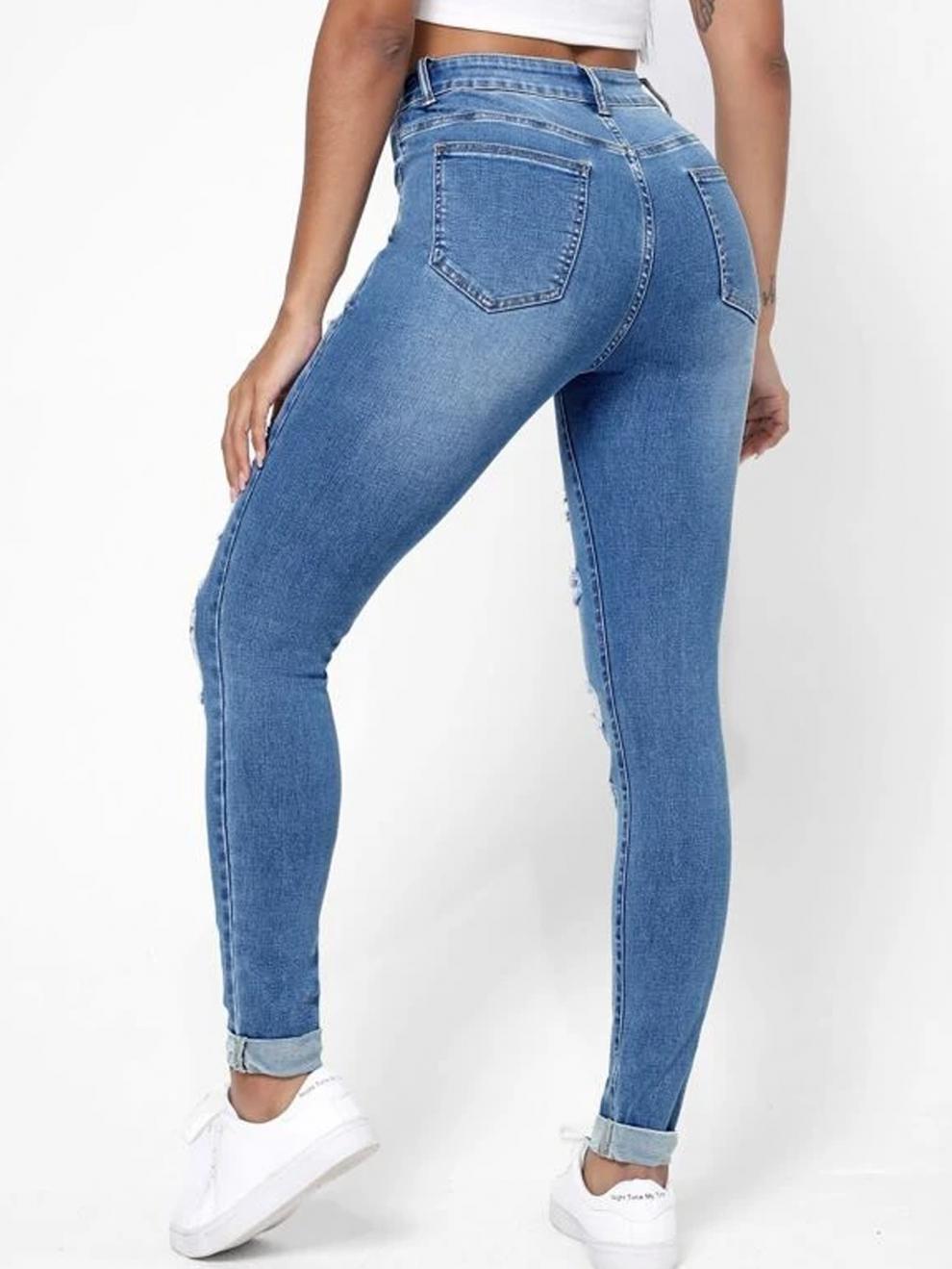 Skinny Jeans Damen High Waist Slim Fit Schlankmachende Löcher Röhrenhose