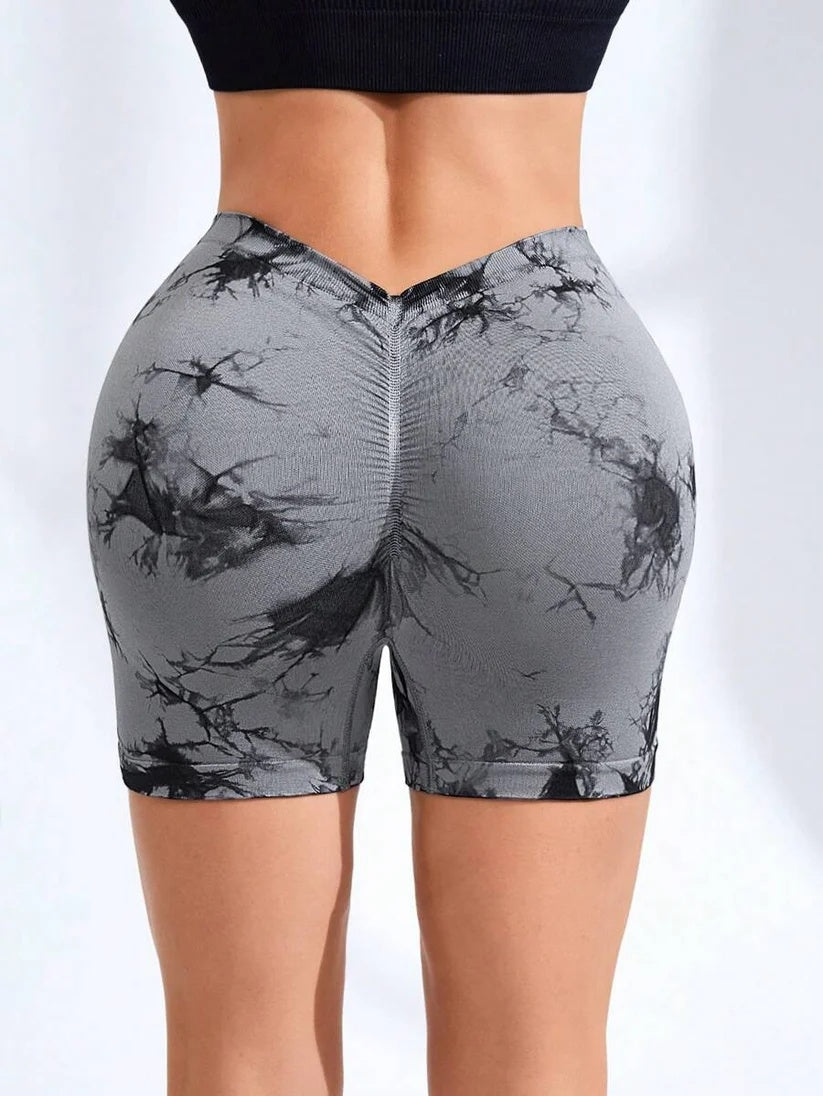 Damen Batik-Yoga-Shorts mit hoher Taille und V-Rücken, Scrunch-Yoga-Shorts, nahtlose Sport-Shorts mit Stretch-Stoff, Fitness-Workout-Hose