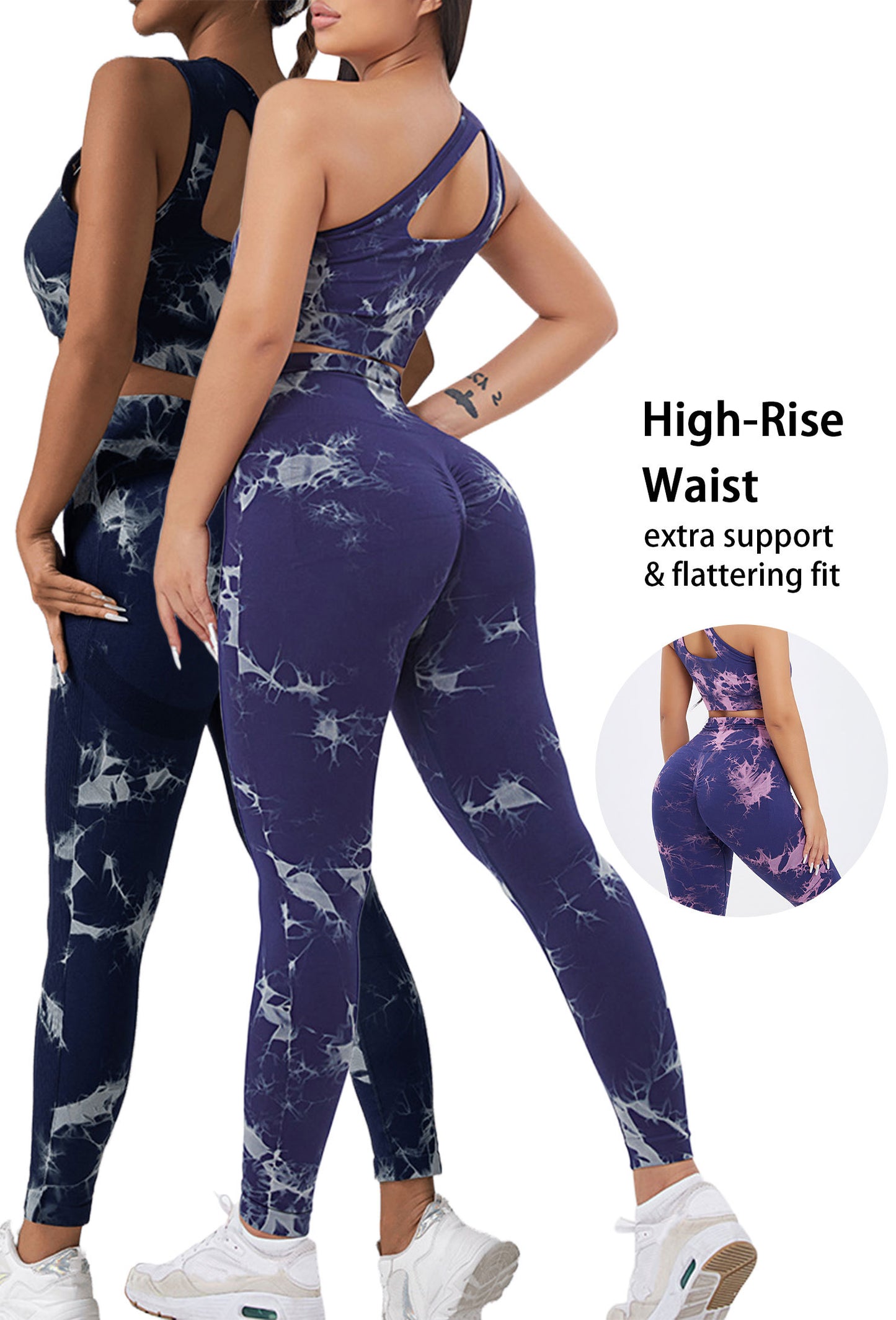 2 Pack Womens Workout Leggings Tie Dye High Waisted Yoga Pants Seamless Scrunch Butt Lifting Compression Tights