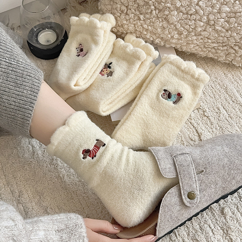 Cartoon Puppy Autumn And Winter Warm Extra Thick No Hair Shedding Snow Socks