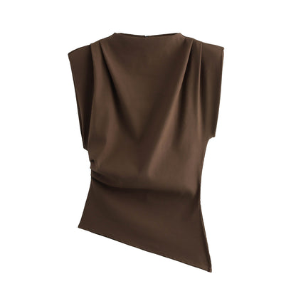 Beveled Pleated Decorative Padded Shoulder Top