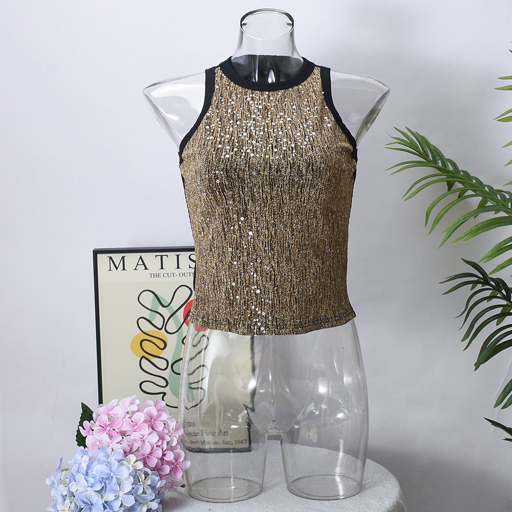 Sexy Cropped Sleeveless Sequin Leopard Print Vest