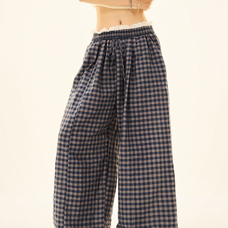 American Retro Blue Lattice Loose Pants