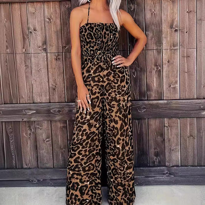 Women's Leopard Print Halter Backless Jumpsuit