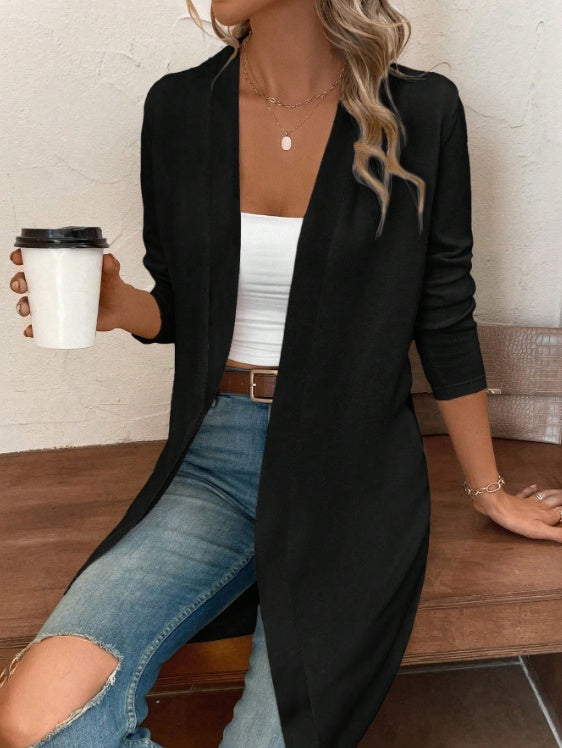 Women's Solid Color Long Style Solid Color Cardigan Long Sleeved Lightweight Knitted Cardigan