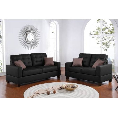 Wohnzimmermöbel 2-teiliges Sofa-Set, schwarzes Kunstleder, getuftetes Sofa, Zweisitzer mit Kissen, Couch