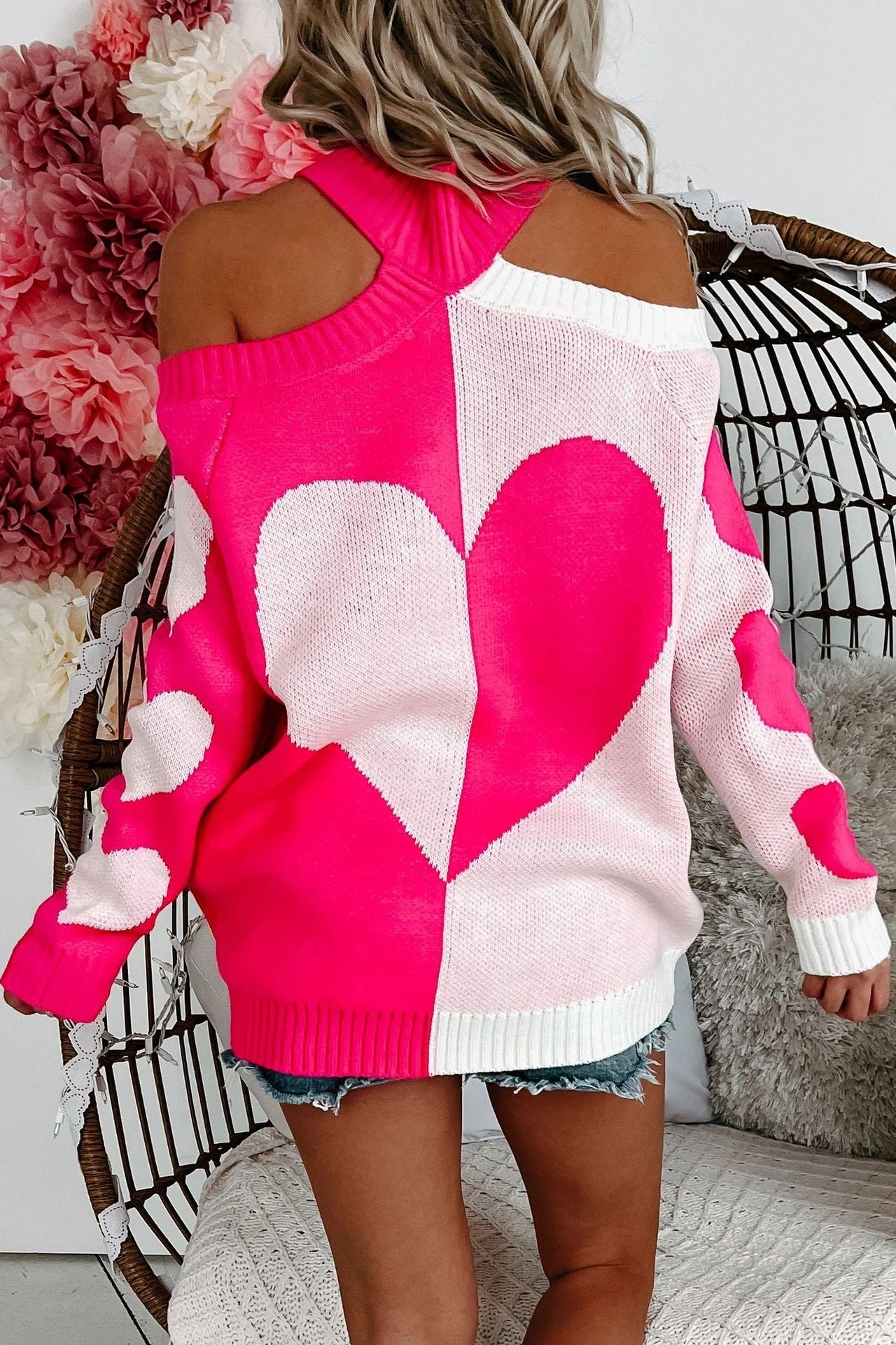 Contrast Color Love Peach Shoulder Width Loose Long Sleeve Sweater