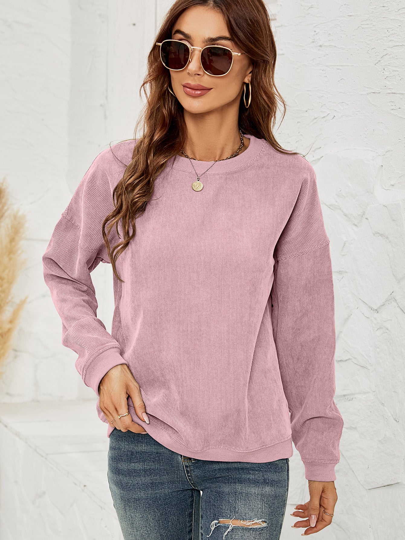 Corduroy Pullover Sweatshirt Casual Fashion Solid Round Neck Long-sleeved Tops Spring And Autumn Clothing For Women