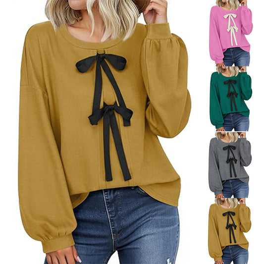 Women's Round Neck Front Lace-up Bow T Pullover Split Long Sleeve Shirt