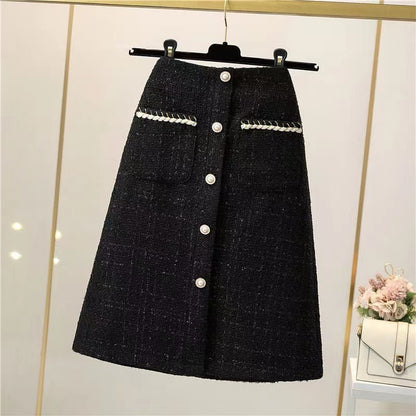 High Waist A- Line Bag Tweed Slimming Mid-length Dress Skirt