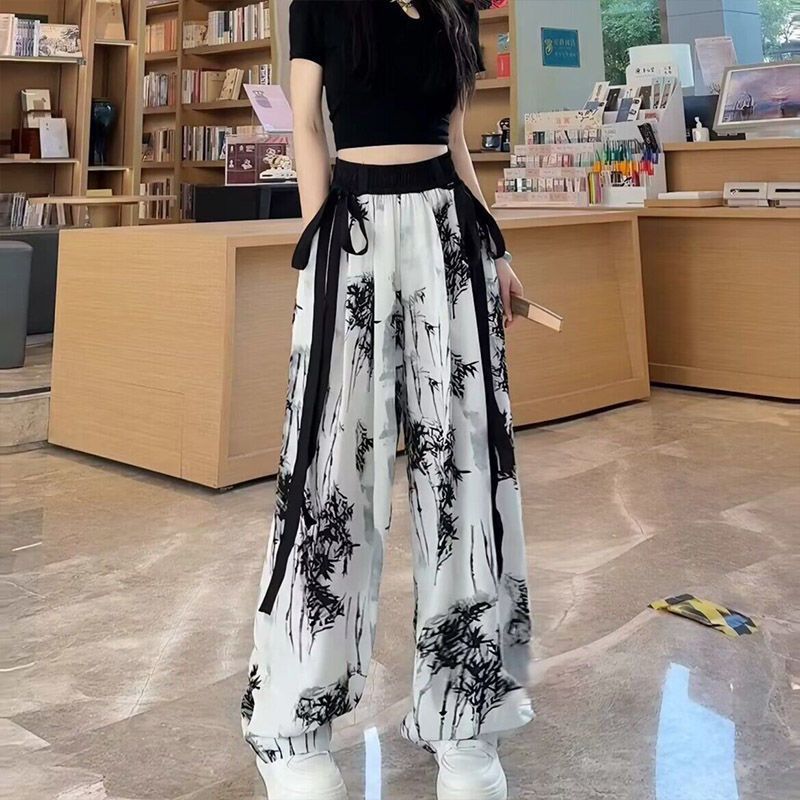 New Guo Feng Ink Painting Ice Silk Wide-leg Pants Summer Women