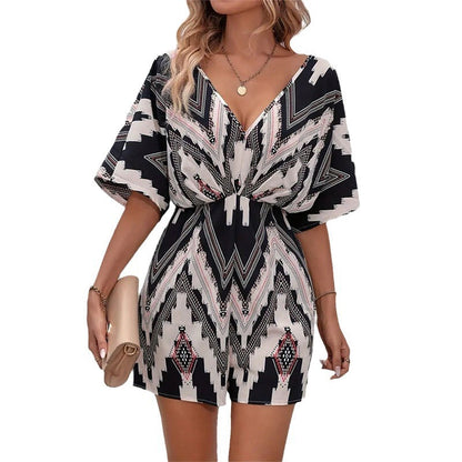 Printed V-neck Back Bandage Bow One-piece Shorts